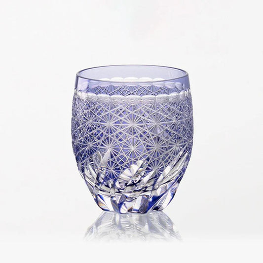 Edo Kiriko Fuuga glass, Hideaki Shinozaki Edo Kiriko, Kagami Crystal rock glass, handmade Japanese cut glass, traditional Japanese tumbler, artisan Edo cut glassware, Edo Kiriko Kagami Crystal, collectible Japanese glass, rounded Edo Kiriko rock glass, Japanese craftsmanship glassware, decorative crystal rock glass