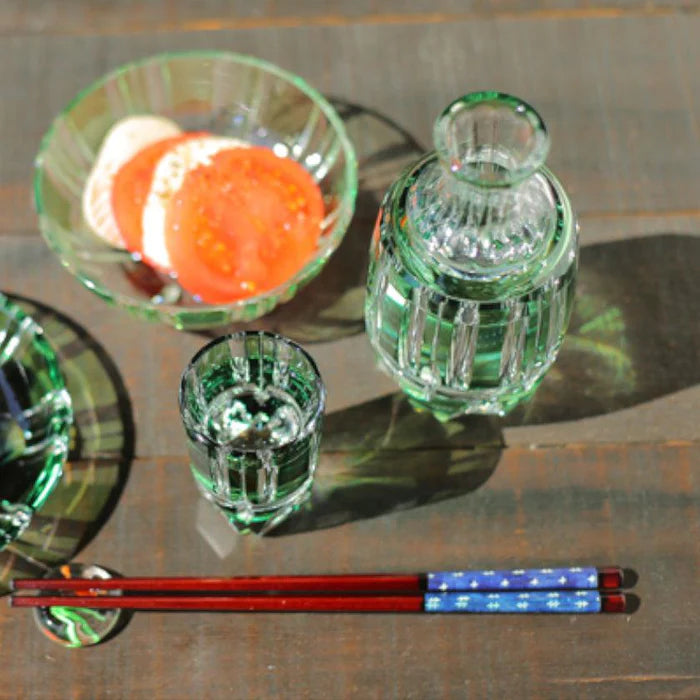 Edo Kiriko bamboo glass set, Japanese bamboo crystal glassware, Kagami Crystal bamboo stem design, Edo Kiriko bottle and cups, Japanese green crystal glass, handmade Edo cut glass Japan, symbolic bamboo motif drinkware, Japanese artisan glass set, bamboo motif crystal tumbler, Japanese giftware bamboo design, Edo Kiriko handcrafted green glass, traditional Japanese cut crystal set, luxury Japanese crystal bamboo