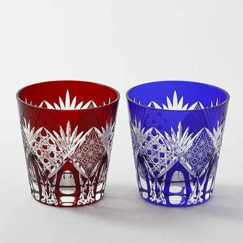 Edo Kiriko glass, Edo cut glass tumbler, Edo cut glass old fashioned, Japanese cut glassware, handmade Edo glass, Kimoto Glassware Edo Kiriko, red and blue Edo glass set, Japanese lattice glass pattern, chrysanthemum Edo cut glass, traditional Japanese glass gift, Japanese artisan glassware, hand-cut glass Japan, luxury Edo glass tumbler pair, symbolic Japanese tableware