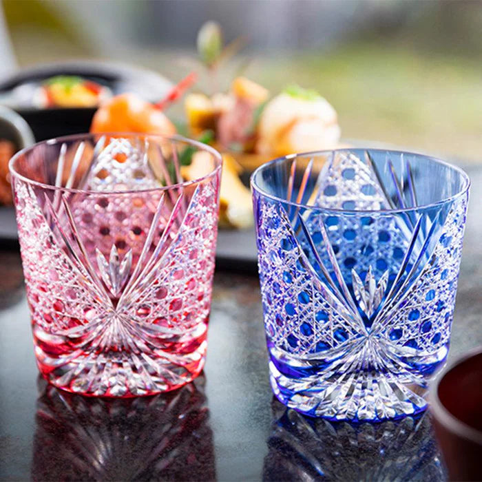 Edo Kiriko glass, Kagami Crystal Edo glass, Japanese cut glass set, red and blue crystal glasses, traditional Japanese glassware, handmade crystal Japan, Edo Kiriko rocks glass, Edo Kiriko wine glass, Kagome lattice glass, Japanese gift glassware, Edo Kiriko crystal pair, Japanese artisan crystal, wedding gift Japanese glass, decorative crystal glassware, Japanese luxury tableware