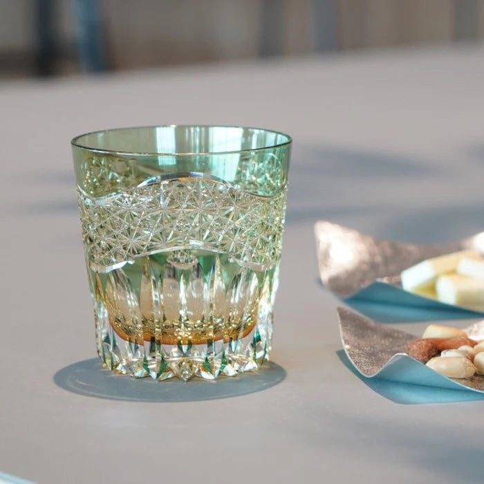 Edo Kiriko glass, Kagami Crystal Kasaneirome Gyoko, Japanese cut glass green crystal, morning light Edo Kiriko tumbler, Satoshi Nabetani glass design, handcrafted Japanese crystalware, traditional Edo cut glass Japan, Kasaneirome layered color technique, Japanese luxury crystal glass, symbolic Japanese glassware, collectible Edo Kiriko art glass, green gold crystal tumbler Japan