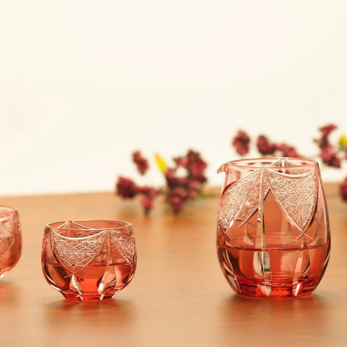 Edo Kiriko glass, Kagami Crystal glassware, Japanese cut glass, Kagura glass set, red crystal sake set, Japanese crystal cups, Edo Kiriko carafe and cups, handmade Japanese glassware, Tatsuya Nemoto glass, traditional Japanese drinkware, luxury sake glass set, Edo cut glass Japan, Japanese crystal gift set, handcrafted Japanese barware, artisan Japanese glass set