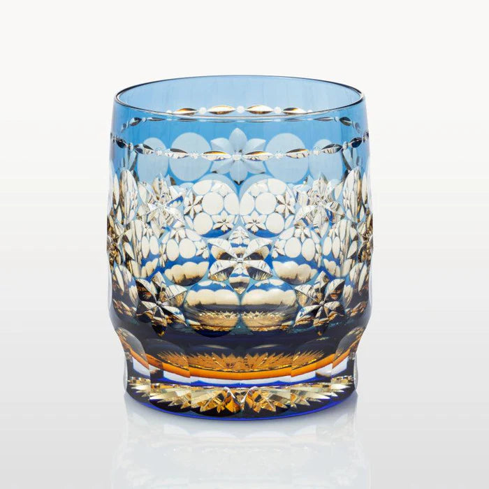 Edo Kiriko glass, Kagami Crystal rocks glass, Japanese cut glass, Kasaneirome Tamamai glass, Kasaneirome Ogiku glass, Hideaki Shinozaki Edo Kiriko, Junichi Nabetani Edo Kiriko, chrysanthemum glass Japan, kaleidoscope Edo Kiriko, Japanese artisan glassware, layered color crystal glass, handcrafted Edo faceted glass, luxury Japanese rocks glass, Ibaraki crystal glassware, Edo Kiriko collector glass