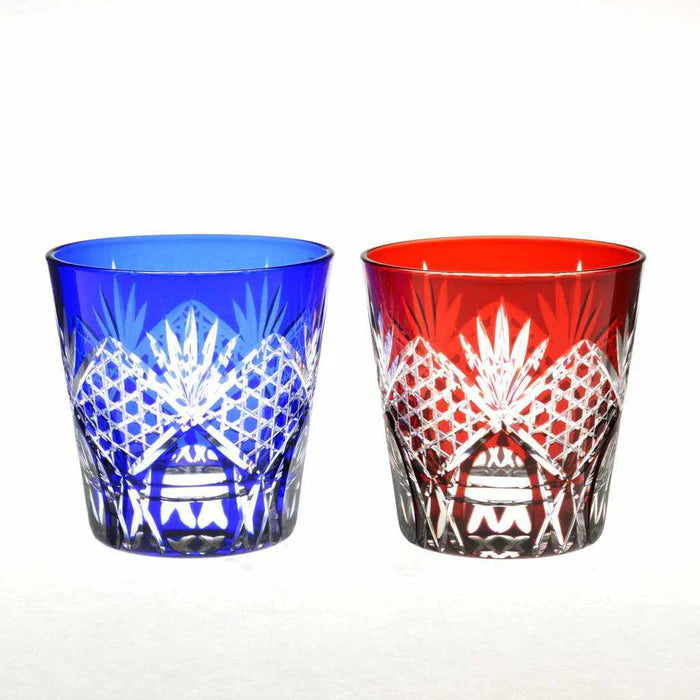 Edo Kiriko glass pair, Star Anise tumbler set, Kimoto Glassware Japan, Edo cut glass Tokyo, Japanese traditional cut glass, Kagome basket weave glass, octagonal lattice glassware, Japanese red and blue glass set, Edo Kiriko gift set, handcrafted Japanese glass pair, cultural Japanese drinkware, luxury Edo cut tumblers, symbolic Japanese glassware