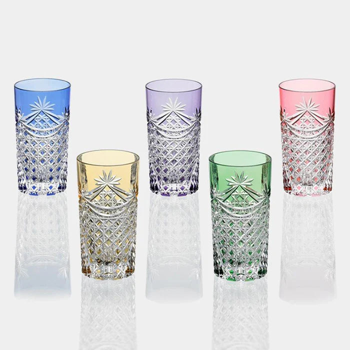 Edo Kiriko glass set, Kagami Crystal tumblers, Japanese cut glass tumblers, Edo Kiriko rocks glasses, handmade Japanese glassware, colored crystal tumblers Japan, Drape & Tetragonal Basket Weave design, Kagome motif glassware, traditional Japanese crystal, artisan Japanese drinkware, Kagami Crystal Edo faceted glass, luxury Japanese glass set