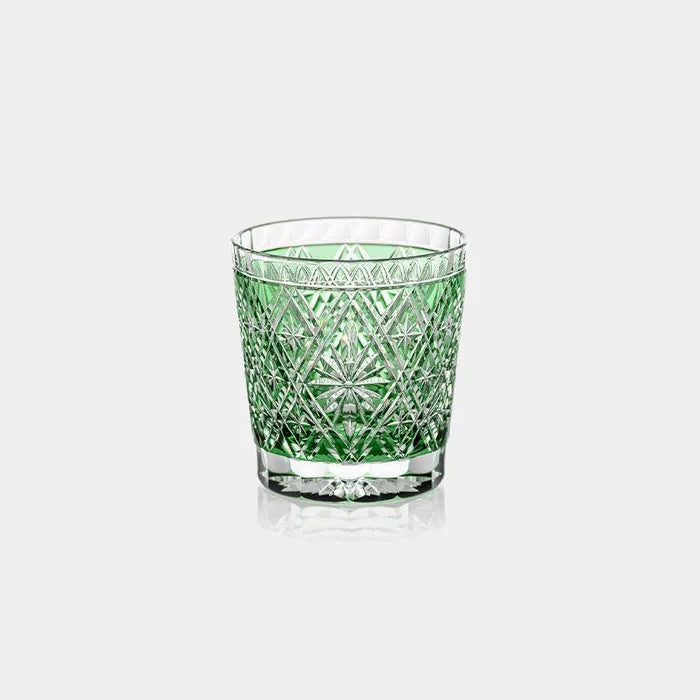 Edo Kiriko rock glass, Edo Kiriko crystal, Japanese cut glass, Kagami Crystal glass, Tatsuya Nemoto glass, Hideaki Shinozaki glass, Keiunkai glass, Hishi-Hana glass, blue Edo Kiriko glass, green Edo Kiriko glass, handcrafted Japanese glassware, traditional Japanese crystal, Japanese artisan glass, Edo faceted glass, luxury Japanese glassware, Japanese gift glass, auspicious Japanese pattern, Japanese cultural glass design, Japanese home decor glass, collectible Japanese crystal