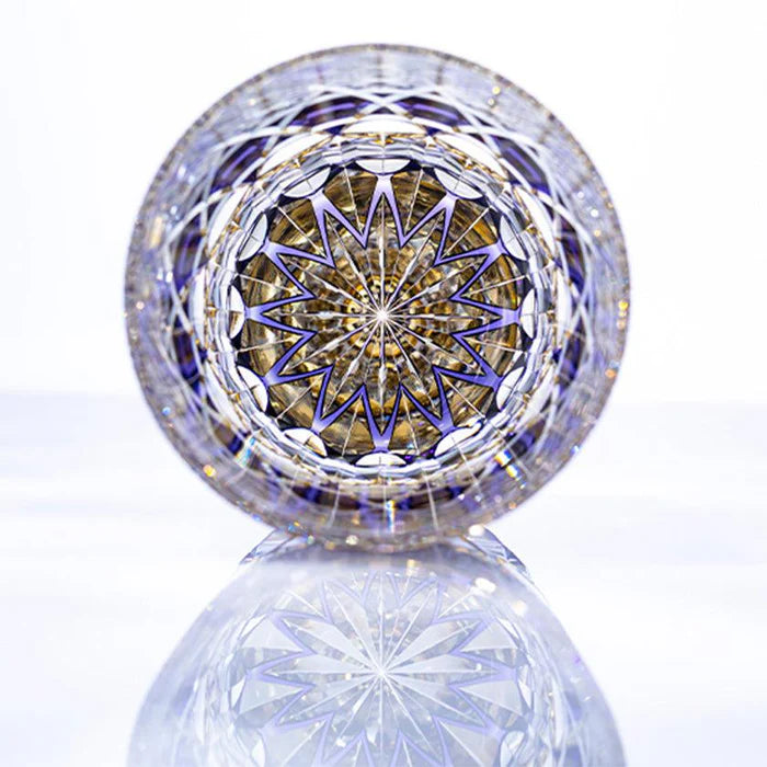 Edo Kiriko rock glass, Kagami Crystal Japan, Tomokazu Noguchi glass, Japanese cut glass whiskey tumbler, tortoise shell pattern glass, kiku tsunagi chrysanthemum glass, Kasane-Irome layered color crystal, handmade Japanese whiskey glass, luxury sake cup Japan, Japanese artisan barware, Edo Kiriko drinking glass, traditional Japanese whiskey tumbler, Ibaraki crystal glassware, symbolic Japanese gift, Edo Kiriko collector’s piece