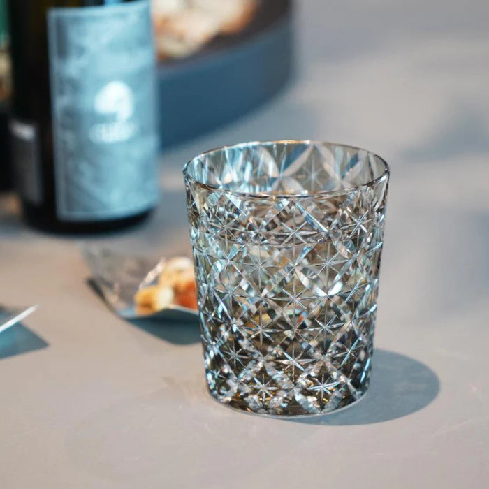 Edo Kiriko rocks glass, Kagami Crystal Edo Kiriko, Japanese cut glassware, Satoshi Nabetani glass, handmade Japanese glass, traditional Japanese rocks glass, black Edo Kiriko glass, Shippo pattern glass, Hoshi star cut glass, Japanese artisan glassware, luxury Japanese drinkware, collectible Japanese glass, hand-cut crystal glass Japan, Edo faceted glass, modern Japanese tableware.