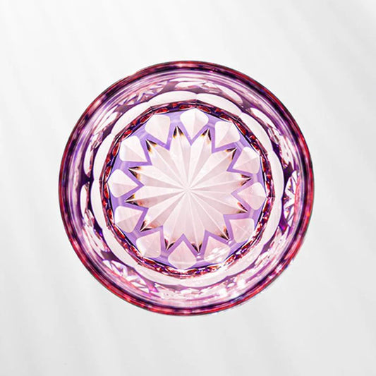 Edo Kiriko rocks glass, Kagami Crystal glass, Japanese cut glass, Hideaki Shinozaki glass, traditional Japanese whiskey glass, crystal sake cup, handmade Japanese glassware, purple Edo Kiriko tumbler, Japanese barware, artisan whiskey glass, Kasane-Irome layered color glass, floral motif cut glass, Japanese crystal gift, luxury whiskey tumbler Japan, symbolic Japanese flower glass, Ibaraki Kagami Crystal Edo Kiriko