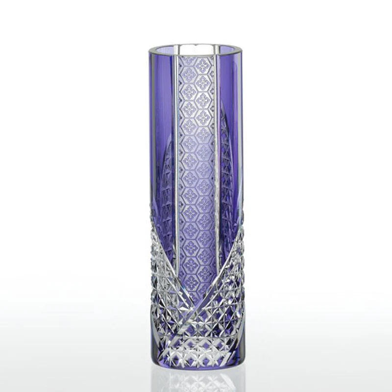 Edo Kiriko vase, Kagami Crystal vase, Japanese cut glass vase, purple crystal vase, hemp leaf pattern vase, square basket weave vase, Japanese artisan vase, traditional Japanese glassware, Edo Kiriko single flower vase, luxury Japanese vase, tall crystal flower vase, Edo purple vase, handmade Japanese vase, Japanese gift vase, cultural heritage crystal vase.