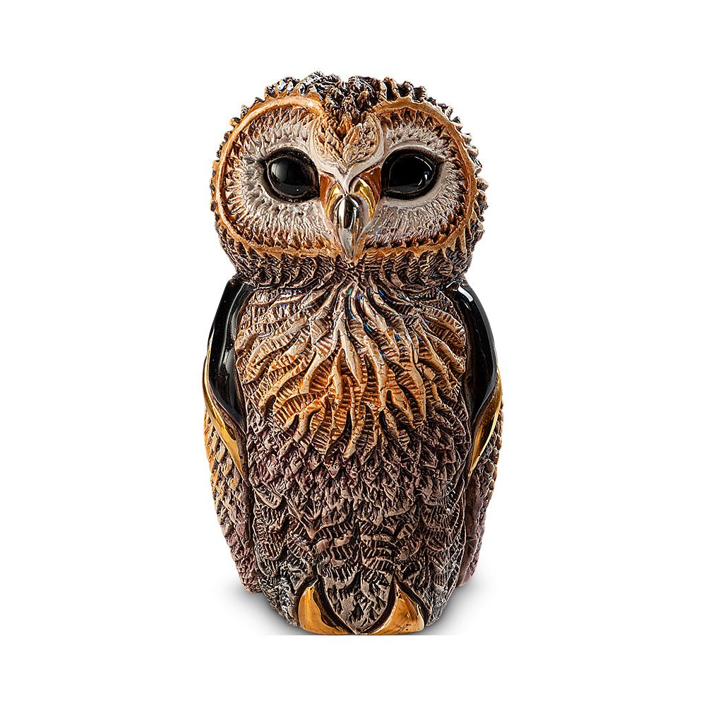 Hand-carved African Cape Owl figurine, 11.5×7×8 cm, with platinum and gold accents and vivid enamel glaze. Symbolic owl sculpture featuring fine feather detailing and artisanal craftsmanship. Wisdom owl gift sculpture. Small carved owl art piece.