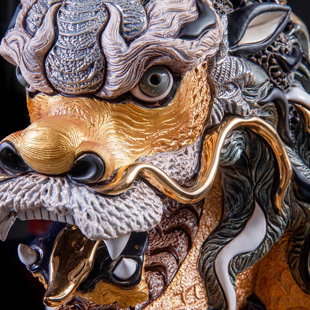 Hand-carved ceramic King Chinese dragon statue 56x28x48 cm with gloss and satin gold finish, lacquered wood base, fierce face and scaled body, limited edition of 88, symbol of fortune, strength, and ancient Eastern mythology.