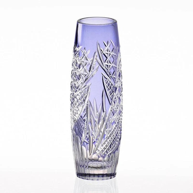 Hokaze Edo Kiriko vase, Kagami Crystal vase, Japanese cut glass vase, Edo Kiriko crystal, violet crystal vase, luxury Japanese vase, handmade crystal vase Japan, traditional Japanese glassware, artisan cut glass vase, Ibaraki Japan vase, decorative crystal flower vase, Japanese cultural home decor, tall narrow crystal vase, collectible Japanese glass, handcrafted Edo Kiriko vase
