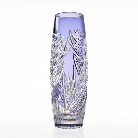 Hokaze Edo Kiriko vase, Kagami Crystal vase, Japanese cut glass vase, Edo Kiriko crystal, violet crystal vase, luxury Japanese vase, handmade crystal vase Japan, traditional Japanese glassware, artisan cut glass vase, Ibaraki Japan vase, decorative crystal flower vase, Japanese cultural home decor, tall narrow crystal vase, collectible Japanese glass, handcrafted Edo Kiriko vase