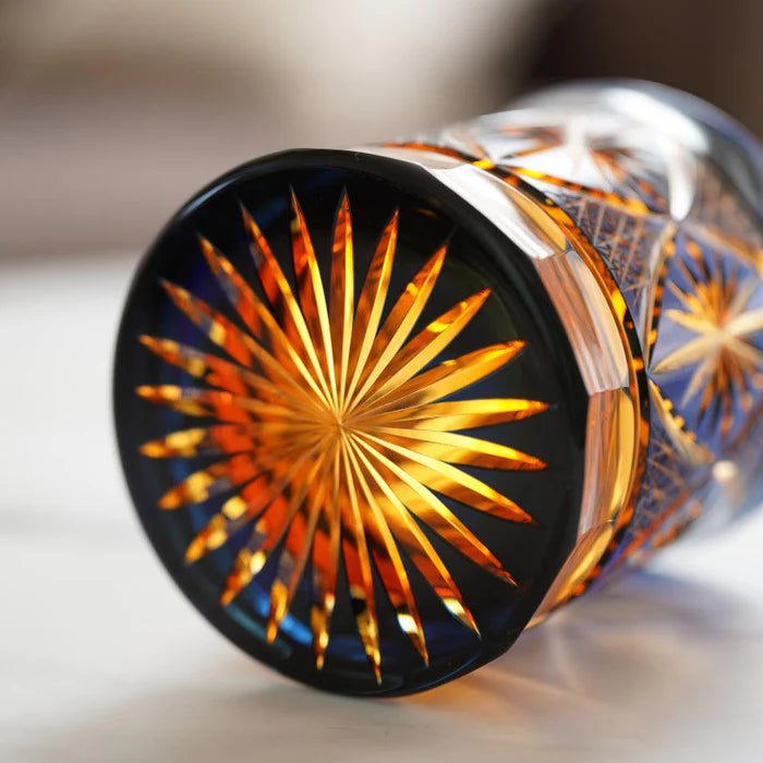 Japanese Kiriko rocks glass, Ginwan no Hana glass, Edo Kiriko drinking glass, traditional Japanese cut glass, purple Kiriko glass, blue and orange Kiriko glass, hand-cut Japanese glassware, chrysanthemum motif glass Japan, Tokyo artisan glass, Japanese starburst glass design, collectible Kiriko tumbler, handmade soda glass Japan, luxury Japanese cut glass, Japanese cultural gift glass, Edo Kiriko chrysanthemum cut glass