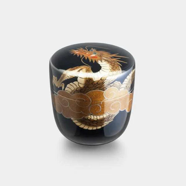Japanese tea cup, Natsume tea caddy cup, Wajima lacquer tea cup, Makie lacquerware cup, Japanese dragon tea cup, Osaka Naniwa pewter ware, Japanese pewter tea cup, handcrafted tea ceremony cup, traditional Japanese tea caddy, collectible Japanese lacquerware, artisanal Japanese tea cup, Japanese cultural giftware, gold lacquer dragon cup, Japanese tin lacquer tea cup.