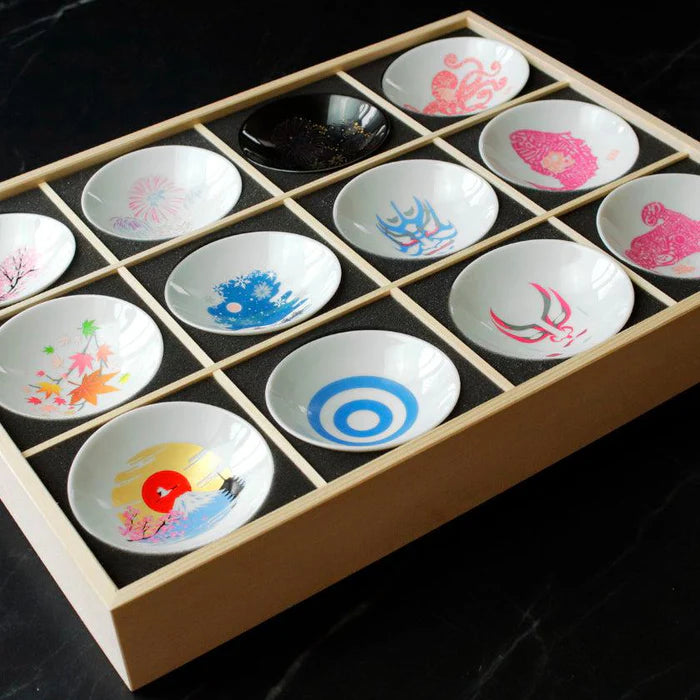 Mino ware color changing cups, Japanese ceramic cup set, Marumo Takagi cups, Shun Japan porcelain, color changing Japanese pottery, four seasons Japanese cups, Mt. Fuji design cup, Kabuki design Japanese ware, cherry blossom ceramic set, handmade Japanese ceramic gift, Gifu prefecture pottery, collectible Japanese ceramic cups, Japanese souvenir cup set, traditional Japanese giftware