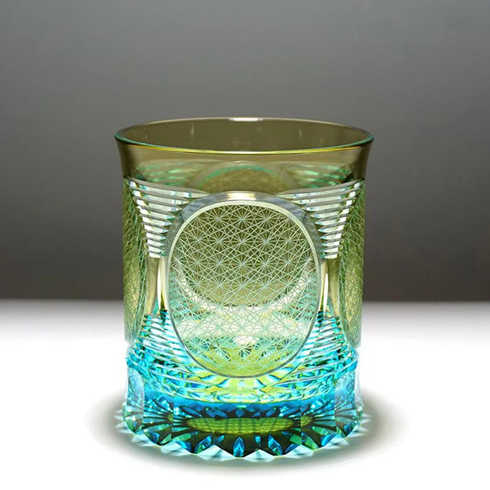 Nichi Rin Kiriko glass, Japanese rocks glass, hand-cut Kiriko glassware, Tokyo artisan glass, sun and moon motif glass, Japanese crystal tumbler, Rinzen Kiriko glass, symbolic Japanese glassware, hand-polished soda glass, collectible Japanese cut glass, traditional Kiriko design, Japanese sunburst motif glass, Edo-style Kiriko brilliance
