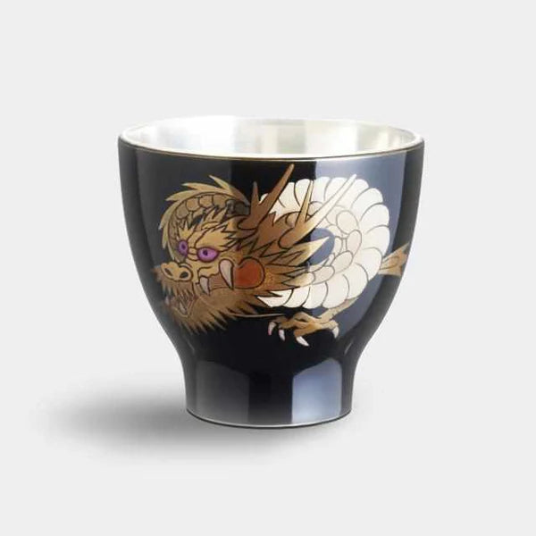 Osaka Naniwa Pewter Ware, Wajima lacquer cup, Japanese pewterware, handcrafted tin cup Japan, tiger motif Japanese cup, dragon motif Japanese cup, Japanese cultural symbolism, artisan tin lacquerware, paulownia box giftware, Osaka Suzuki crafts, Japanese lacquered pewter, collectible Japanese tinware, traditional Japanese metal crafts, tiger and dragon symbolism Japan