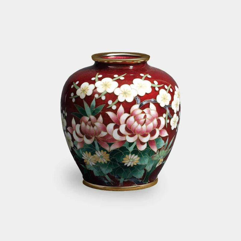 Owari Cloisonné vase, Japanese cloisonné enamel, Four Gentlemen motif vase, chrysanthemum orchid plum bamboo vase, traditional Japanese enamelware, red cloisonné vase, small Japanese vase, Song dynasty inspired vase, Japanese floral symbolism, collectible cloisonné art, handmade Japanese enamel vase, Japanese gift décor, shippo-yaki vase, cloisonné pottery Japan