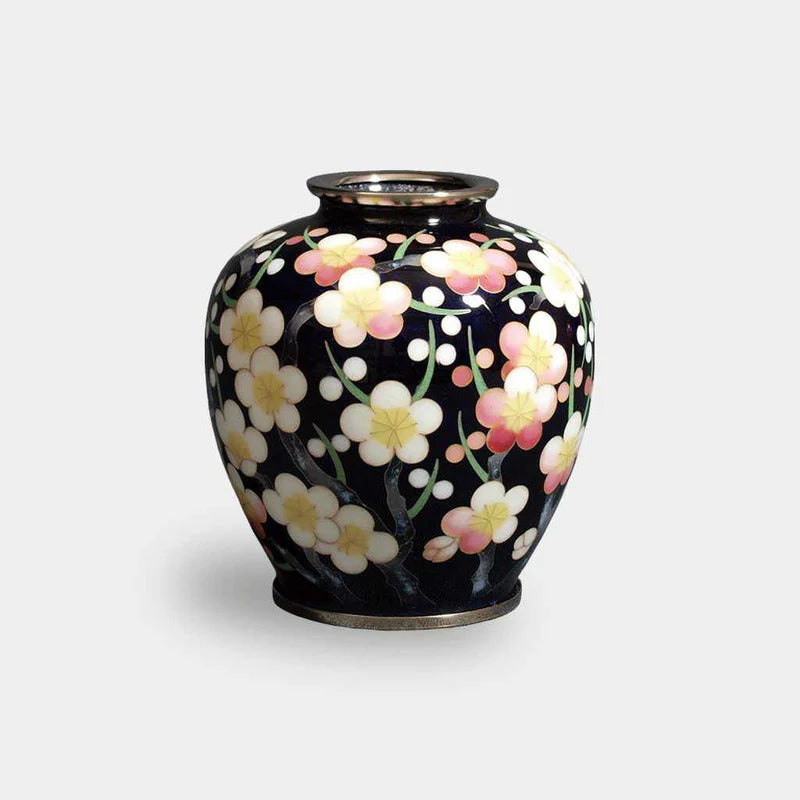 Owari cloisonne vase, Japanese cloisonne art, ume-zume plum blossom vase, Kato Shippo Seisakusyo vase, Japanese enamelware, wired cloisonne vase, Japanese decorative vase, black cloisonne vase, yellow cloisonne vase, Japanese handcrafted vase, plum blossom symbolism Japan, small Japanese art vase, cloisonne collector’s item, Aichi Prefecture artisan vase, traditional Japanese enamel vase