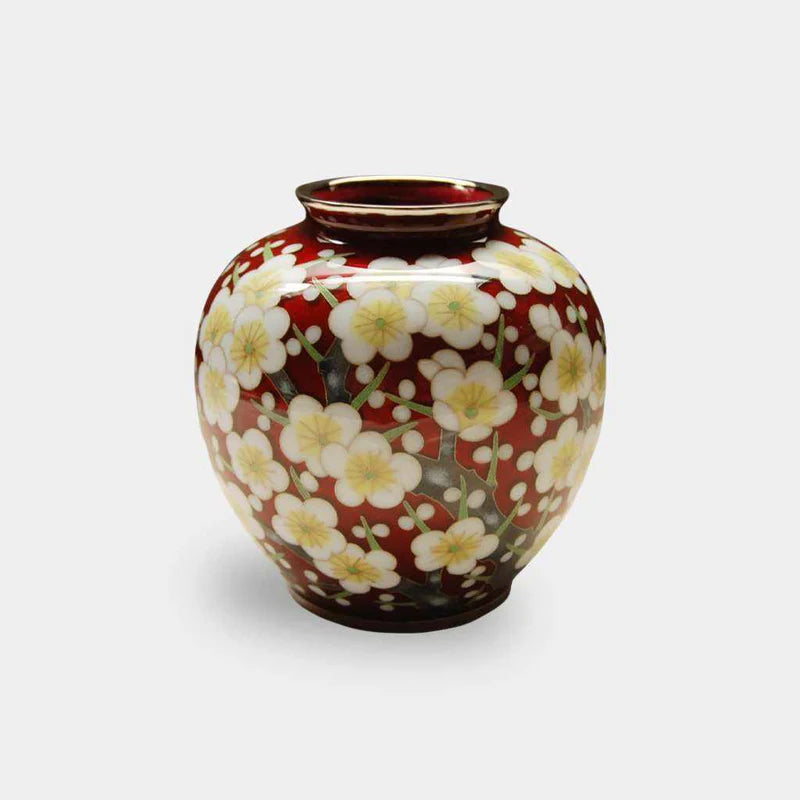 Owari cloisonne vase, Japanese cloisonne plum blossom, red cloisonne enamel vase, Kato Shippo vase, Japanese enamel art, plum blossom decorative vase, wired cloisonne Meiji style, handcrafted Japanese cloisonne, small Japanese collectible vase, Aichi cloisonne craft, traditional Japanese plum design, spherical cloisonne vase, luxury Japanese home decor, enamel art vase Japan, wired enamel plum vase.