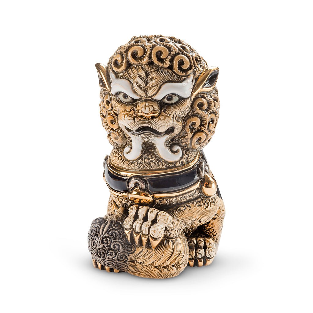 Pair of ceramic Foo Lions hand-carved, soft earthy tones. Detailed mane and poised stances, Chinese feng shui. Lion set for home, office, entryway décor. Hand‑Carved Foo Dog Statue. Lion Figurine. Foo Lion Sculptures. Lion Table Décor
