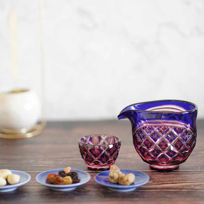 Satsuma Kiriko glass, Satsuma cut glass pitcher set, Satsuma Vidro crystal, Japanese cut glass sake set, double-layer overlay glass, lapis lazuli and gold red crystal, handmade Japanese drinkware, Kagoshima glassware, Satsuma Kiriko sake pitcher, artisan Japanese glass, paulownia box gift set, symbolic Japanese tableware, luxury Japanese glass set, traditional Japanese cut crystal