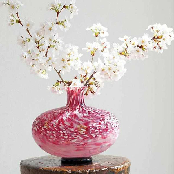 Tsugaru Vidro vase, Japanese cherry blossom vase, Hana Akari glass vase, Hirosaki Castle sakura art, handcrafted Japanese glassware, pink glass decorative vase, Japanese gold leaf vase, Aomori glass art, collectible Japanese vase, handmade glass vase Japan, luxury sakura vase, artisan glass vase with gold, limited edition Japanese vase
