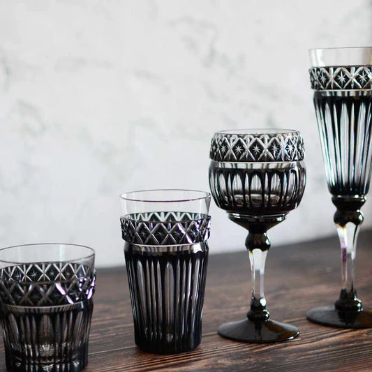 Black Kiriko glass, Satsuma Kiriko glass, Japanese cut glass, Satsuma cut crystal, handmade crystal glass Japan, Kagoshima glassware, Japanese black glass, luxury Japanese glass, artisan crystal glass, traditional Japanese craftsmanship, paulownia box glass, Edo period glass revival, Japanese giftware