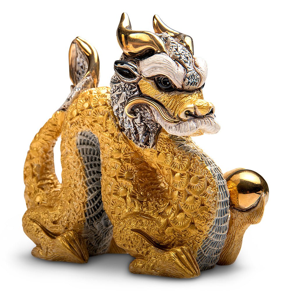 Chinese dragon figurine with gold and enamel detail, symbol of power, luck, and cultural tradition. Handmade with platinum accents. Perfect for feng shui or cultural décor. Gold, Enamel & Platinum Detailing.