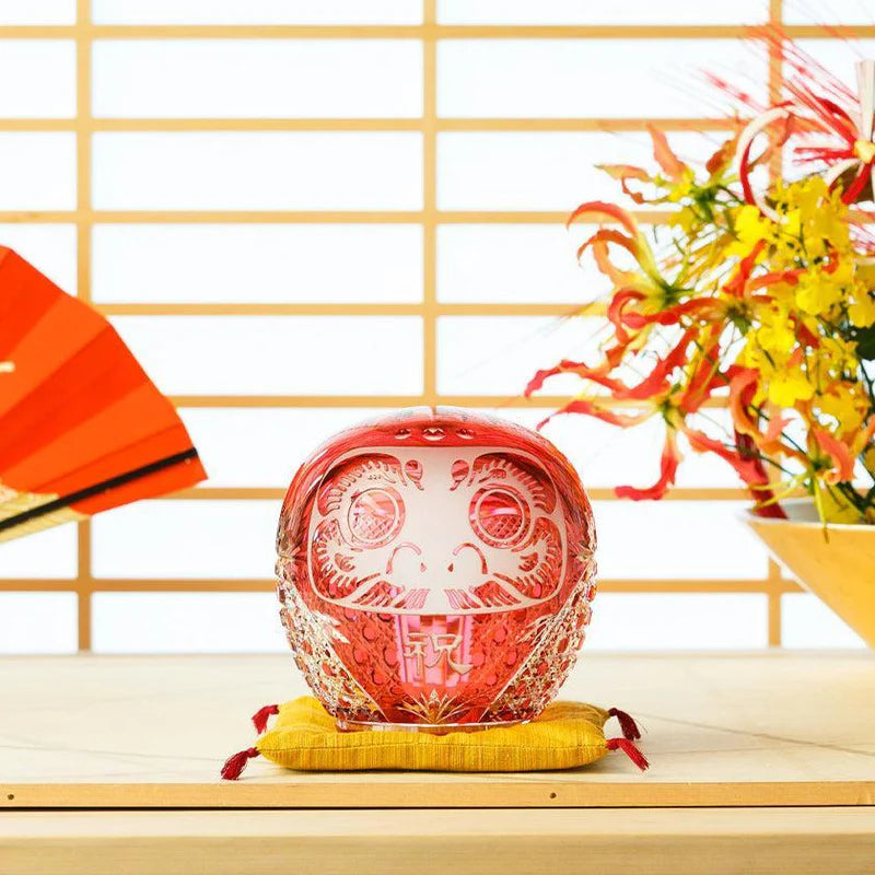 Edo Kiriko Daruma, crystal Daruma doll, Kagami Crystal Japan, Japanese cut glass figurine, red crystal Daruma, gold-red crystal ornament, Edo Kiriko glass art, Japanese good luck charm, Daruma with both eyes open, Japanese perseverance symbol, handmade crystal Daruma, Ibaraki glass craftsmanship, Japanese milestone celebration gift, luxury Japanese glassware, traditional Edo cut glass