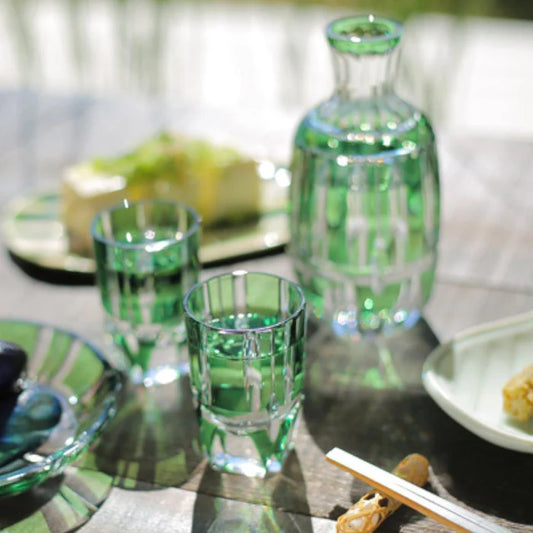 Edo Kiriko bamboo glass set, Japanese bamboo crystal glassware, Kagami Crystal bamboo stem design, Edo Kiriko bottle and cups, Japanese green crystal glass, handmade Edo cut glass Japan, symbolic bamboo motif drinkware, Japanese artisan glass set, bamboo motif crystal tumbler, Japanese giftware bamboo design, Edo Kiriko handcrafted green glass, traditional Japanese cut crystal set, luxury Japanese crystal bamboo