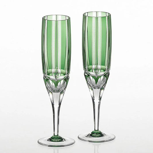 Edo Kiriko champagne glasses, Kagami Crystal flute glasses, Japanese crystal glassware, royal blue crystal glasses, bamboo motif Edo Kiriko, handmade Japanese champagne glasses, luxury Japanese crystal, traditional cut glass Japan, collectible crystal flutes, Edo Kiriko wedding gift, Japanese artisan glassware, green bamboo crystal glass set, handmade crystal flute pair