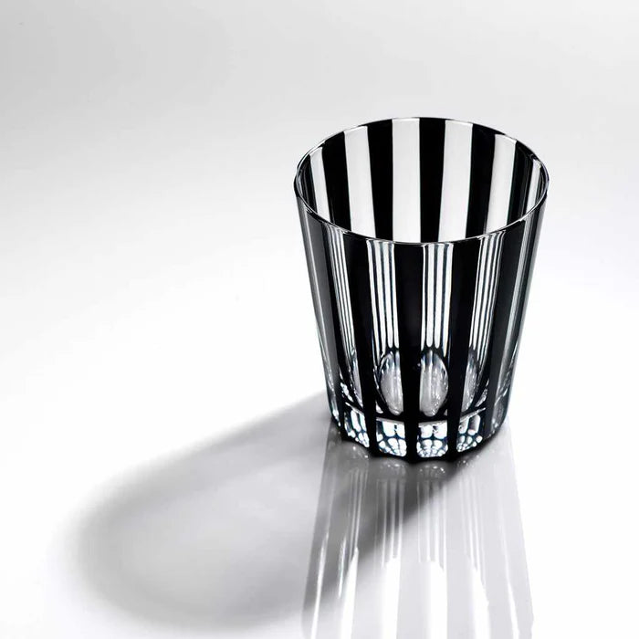Edo Kiriko glass, Edo cut glassware, Kuroco glass, Japanese black glass, Kimoto Glassware, striped Edo Kiriko tumbler, checkered Edo glass, Japanese artisan glass, Tokyo glassware, handcrafted Japanese glass, traditional Japanese faceted glass, modern Japanese tableware, collectible Japanese glass, Edo faceted design, Japanese soda glassware