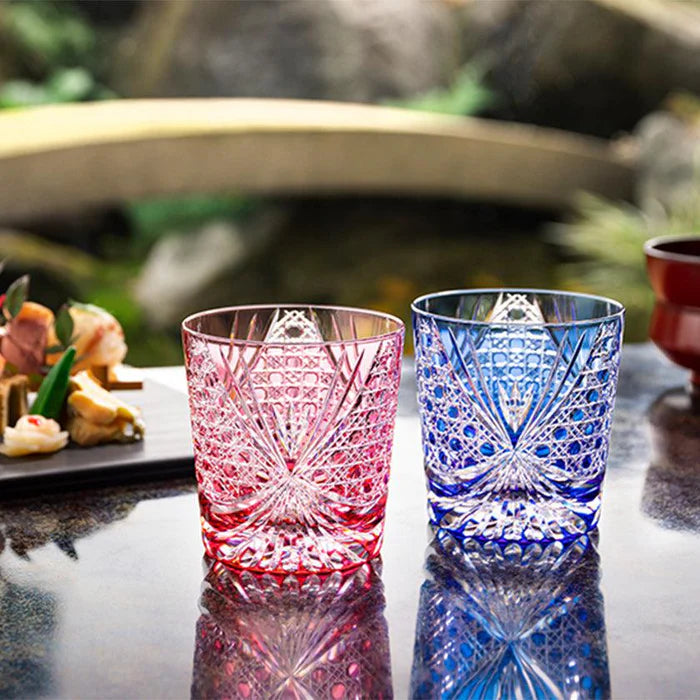Edo Kiriko glass, Kagami Crystal Edo glass, Japanese cut glass set, red and blue crystal glasses, traditional Japanese glassware, handmade crystal Japan, Edo Kiriko rocks glass, Edo Kiriko wine glass, Kagome lattice glass, Japanese gift glassware, Edo Kiriko crystal pair, Japanese artisan crystal, wedding gift Japanese glass, decorative crystal glassware, Japanese luxury tableware