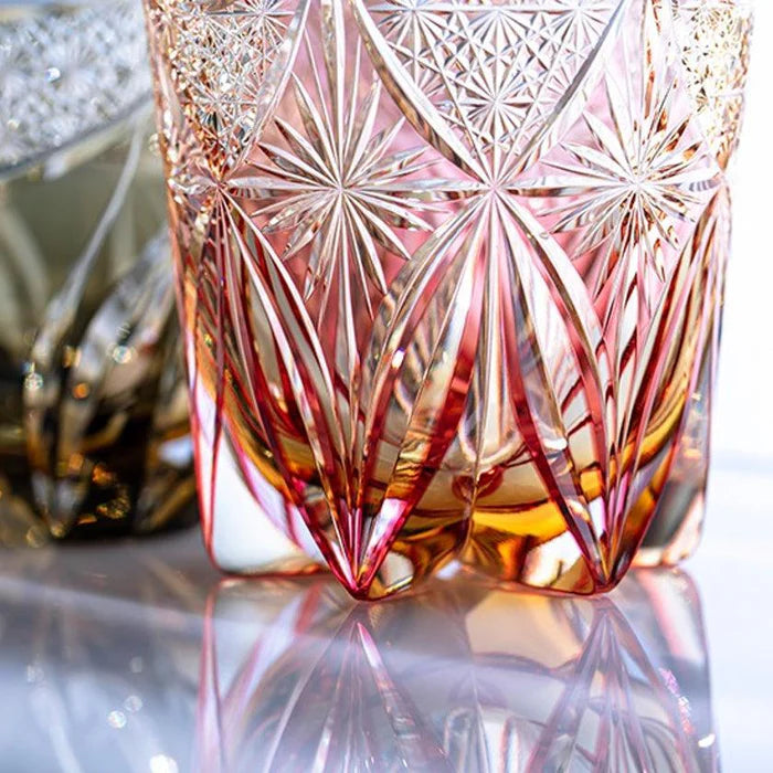 Edo Kiriko rock glass, Kagami Crystal whiskey glass, Tatsuya Nemoto Kiriko, Kasaneirome layered color glass, Japanese cut glass tumbler, Edo cut glass whiskey tumbler, handmade Japanese crystal, Japanese kaleidoscope glass, Kirara pattern Edo Kiriko, Japanese whiskey glassware, artisan Japanese drinkware, collectible Edo Kiriko tumbler, traditional Japanese cut glass, Kagami Crystal Edo Kiriko, luxury Japanese whiskey glass