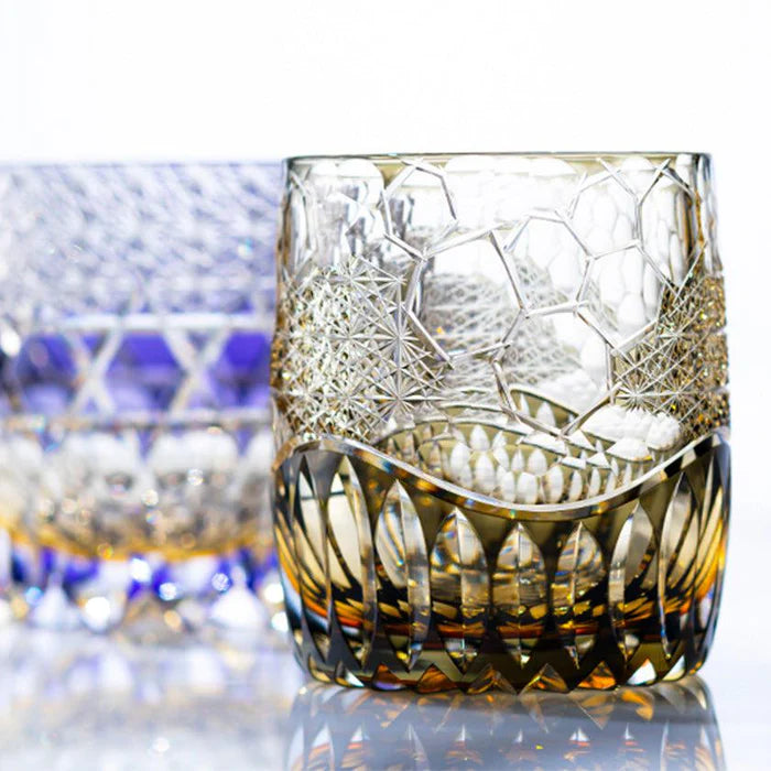 Edo Kiriko rock glass, Kagami Crystal whiskey glass, Tomokazu Noguchi Kiriko, Kasaneirome layered color glass, Japanese cut glass tumbler, Edo cut glass whiskey tumbler, handmade Japanese crystal, traditional Japanese drinkware, kikko pattern glass, chrysanthemum pattern Kiriko, collectible Japanese whiskey glass, Edo Kiriko artisan glass, Ibaraki crystal craftsmanship, Japanese whiskey glassware, luxury Japanese tumbler, Tomokazu Noguchi Edo Kiriko