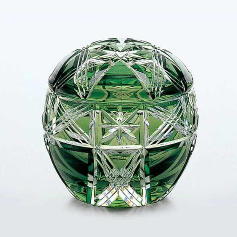 Edo Kiriko trinket box, Japanese crystal box, Kagami Crystal Japan, hand-cut crystal container, chrysanthemum pattern crystal, green cut glass box, cobalt blue cut glass box, Japanese temari ball design, Edo cut glassware Japan, luxury crystal gift, Japanese keepsake box, artisan crystal lidded bowl, collectible Japanese glass art, cultural Japanese gift, hand-carved crystal bowl, Ibaraki Japan glassware, Edo Kiriko decorative box, Japanese heritage crafts, traditional Japanese crystal design