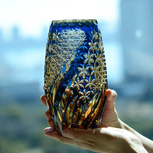 Edo Kiriko vase, Kagami Crystal vase, Japanese cut glass, Kumiko pattern vase, Kiku Tsunagi cut glass, Hoshi motif crystal, Japanese crystal glassware, luxury Japanese vase, cobalt blue cut glass vase, amber layered crystal, traditional Japanese vase, handcrafted Edo Kiriko, Japanese geometric pattern vase, chrysanthemum cut glass, Japanese artisanal glassware
