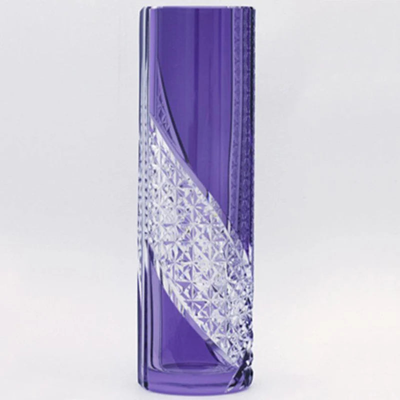 Edo Kiriko vase, Kagami Crystal vase, Japanese cut glass vase, purple crystal vase, hemp leaf pattern vase, square basket weave vase, Japanese artisan vase, traditional Japanese glassware, Edo Kiriko single flower vase, luxury Japanese vase, tall crystal flower vase, Edo purple vase, handmade Japanese vase, Japanese gift vase, cultural heritage crystal vase.