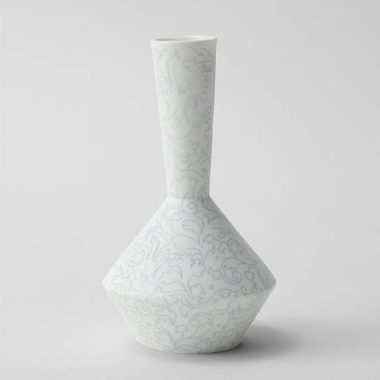 Foo Tokyo porcelain vase, Japanese porcelain flower vase, Mino Gifu handcrafted vase, acanthus motif vase, karakusa pattern vase, gray porcelain vase Japan, white porcelain vase Japan, modern Japanese home decor, single flower porcelain vase, minimalist Japanese vase, artisan handmade porcelain vase, symbolic Japanese ceramic, contemporary Japanese pottery