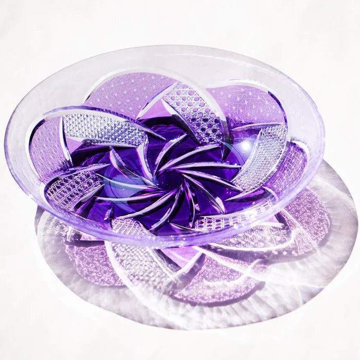Fu Rin Kiriko plate, Japanese cut glass plate, rinzen glassware, purple Kiriko plate, handmade Japanese glass plate, Tokyo glass artisans, traditional Kiriko glass, Japanese decorative plate, hand-cut glassware Japan, Edo Kiriko style plate, soda glass Japan, luxury Japanese tableware, artisan Japanese glass dish, Japanese giftware plate