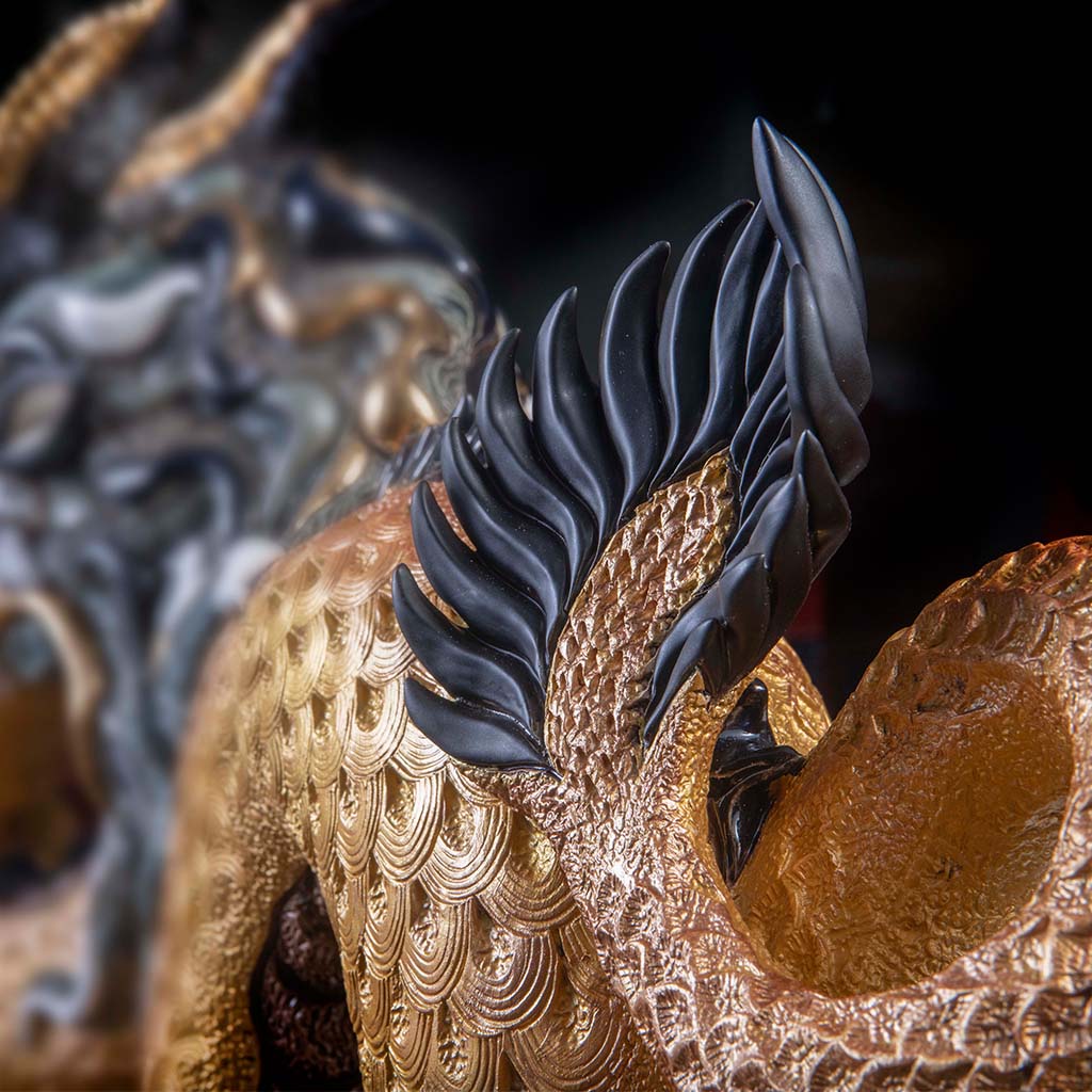 Hand-carved ceramic King Chinese dragon statue 56x28x48 cm with gloss and satin gold finish, lacquered wood base, fierce face and scaled body, limited edition of 88, symbol of fortune, strength, and ancient Eastern mythology.