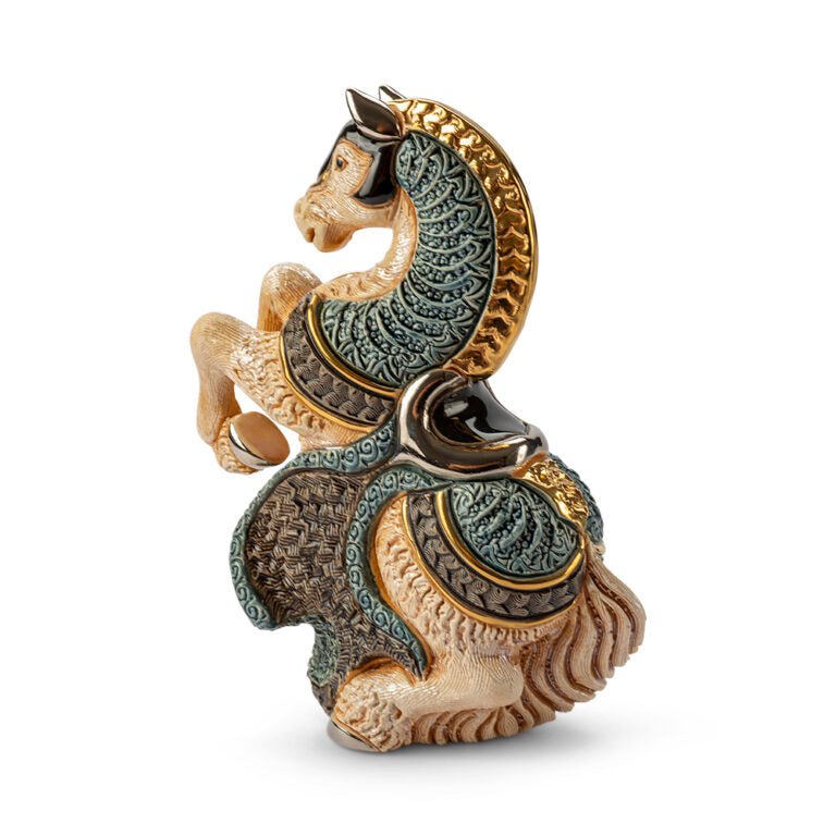 Hand-painted white jousting horse sculpture with platinum & gold armor. Handcrafted collectible figurine, 10x7x14 cm. Symbol of courage & nobility.