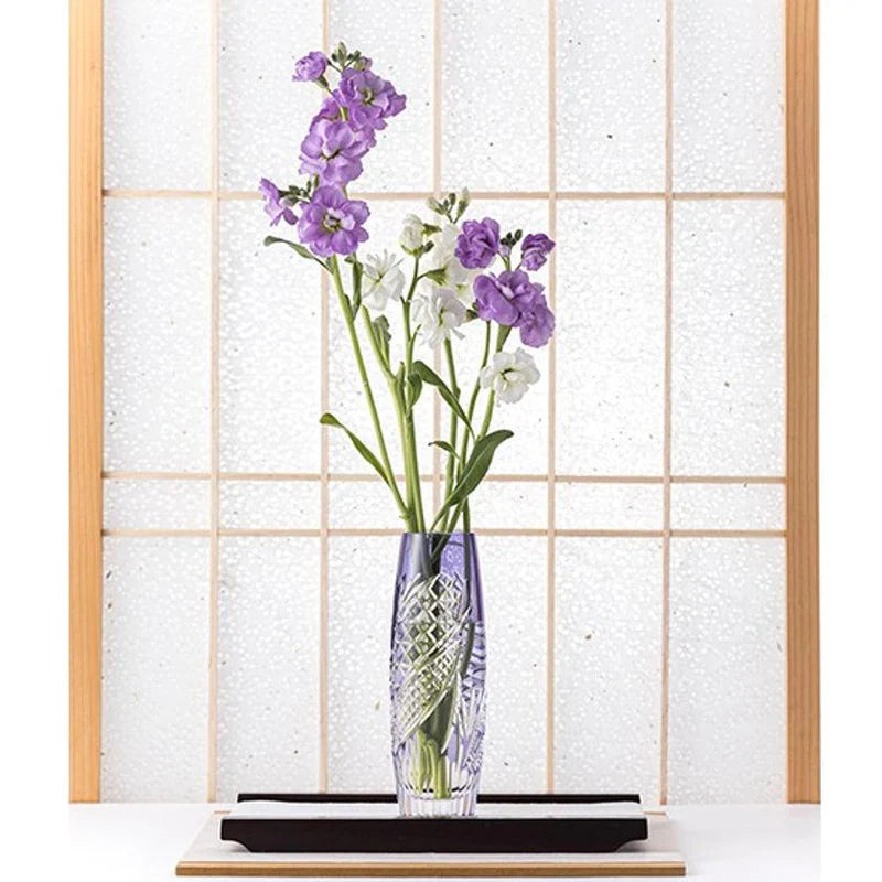 Hokaze Edo Kiriko vase, Kagami Crystal vase, Japanese cut glass vase, Edo Kiriko crystal, violet crystal vase, luxury Japanese vase, handmade crystal vase Japan, traditional Japanese glassware, artisan cut glass vase, Ibaraki Japan vase, decorative crystal flower vase, Japanese cultural home decor, tall narrow crystal vase, collectible Japanese glass, handcrafted Edo Kiriko vase