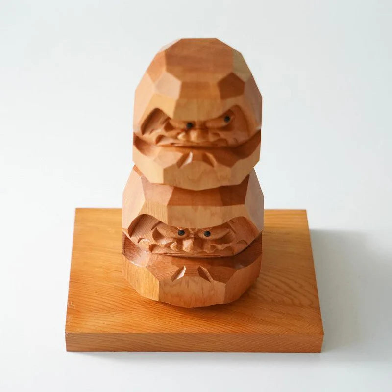 Ichii Itto Bori Daruma, Hiroshi Washizuka wood carving, Japanese yew wood Daruma, Hida region traditional carving, stacked Daruma figurine, Japanese hand-carved ornament, yew wood sculpture Japan, traditional Japanese wooden Daruma, Japanese perseverance symbol, wooden Daruma doll gift, handmade wood carving from Japan, Gifu Prefecture crafts, Japanese artisan wooden figurine, Hida Ichii Itto Bori carving