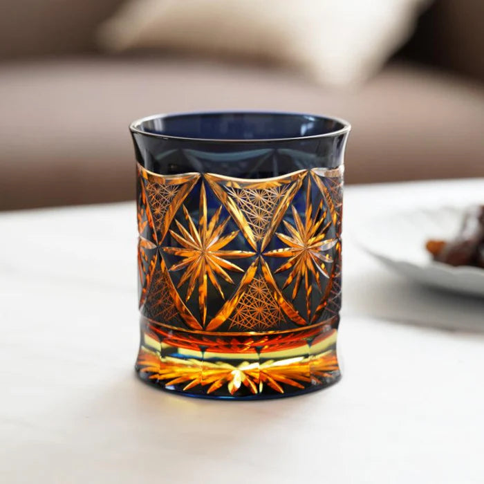 Japanese Kiriko rocks glass, Ginwan no Hana glass, Edo Kiriko drinking glass, traditional Japanese cut glass, purple Kiriko glass, blue and orange Kiriko glass, hand-cut Japanese glassware, chrysanthemum motif glass Japan, Tokyo artisan glass, Japanese starburst glass design, collectible Kiriko tumbler, handmade soda glass Japan, luxury Japanese cut glass, Japanese cultural gift glass, Edo Kiriko chrysanthemum cut glass