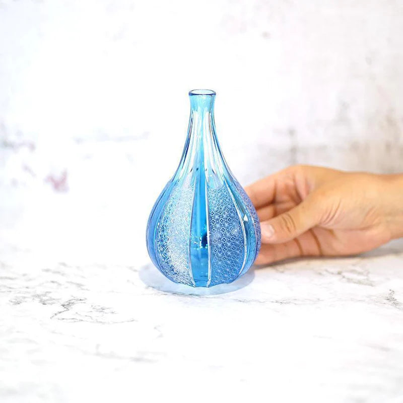 Japanese Kiriko vase, Edo Kiriko glassware, hand-cut Japanese glass, blue gradation vase, asanoha pattern vase, Tokyo artisan glass, Japanese cut glass vase, handmade soda glass vase, traditional Japanese vase, luxury Japanese home decor, Rinzen Kiriko vase, one-of-a-kind Japanese vase, blue Japanese flower vase, handcrafted Edo Kiriko vase, Japanese artisan gift, Tokyo Kiriko craftsmanship, Kagami Crystal reseller, Japanese wedding gift vase, Japanese ikebana vase, premium Japanese glass art