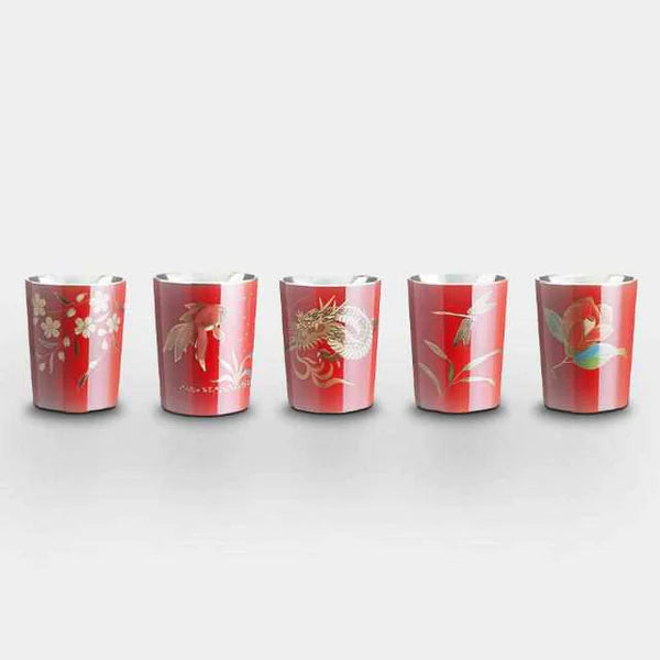 Japanese sake cups, Wajima lacquerware, Osaka Naniwa pewter ware, tin sake cup set, traditional Japanese drinkware, handcrafted sake cups, cherry blossom sake cup, camellia flower cup, goldfish design sake cup, dragonfly sake ware, Japanese dragon cup, vermilion lacquer sake cups, black lacquer sake cups, Japanese giftware, artisanal Japanese cups, tin lacquer sake set, sake cup symbolism, made in Japan sake cups, Osaka Suzuki crafts